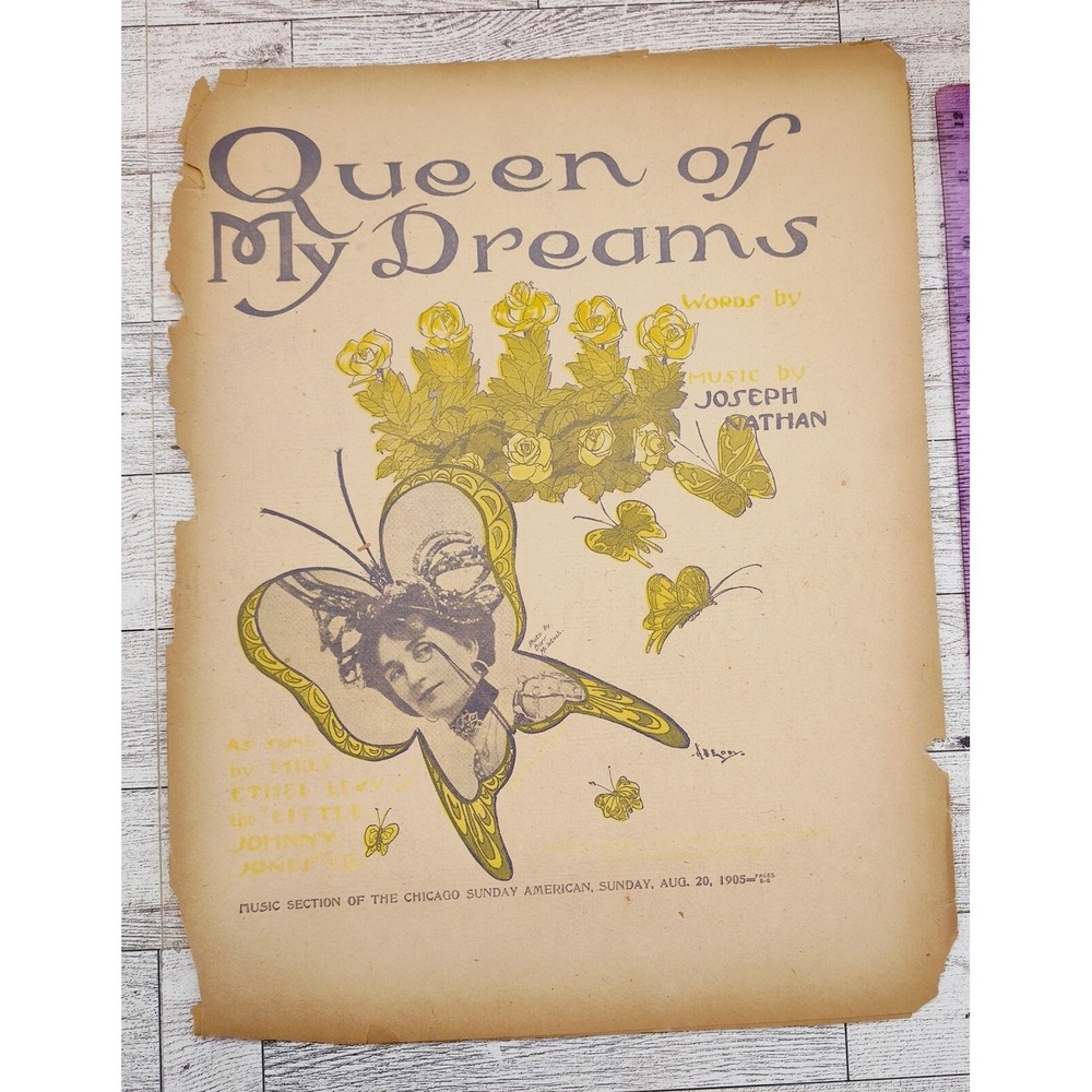 1905 Queen of My Dreams Sheet Music‎ Butterfly Floral Cover Ethel Levy Portrait
